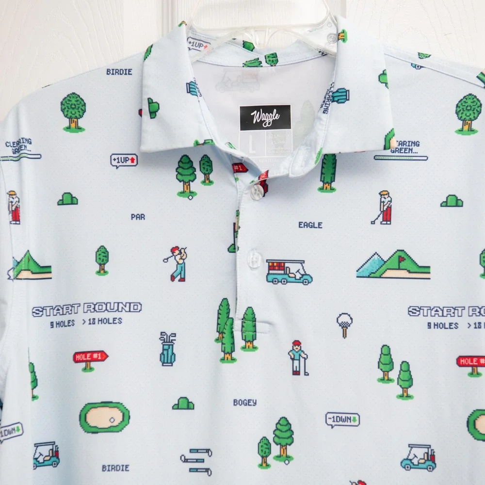 Waggle Golf Polo Sz L Retro Gaming 8Bit Pixel Mario Style Performance Athleisure - Picture 2 of 5